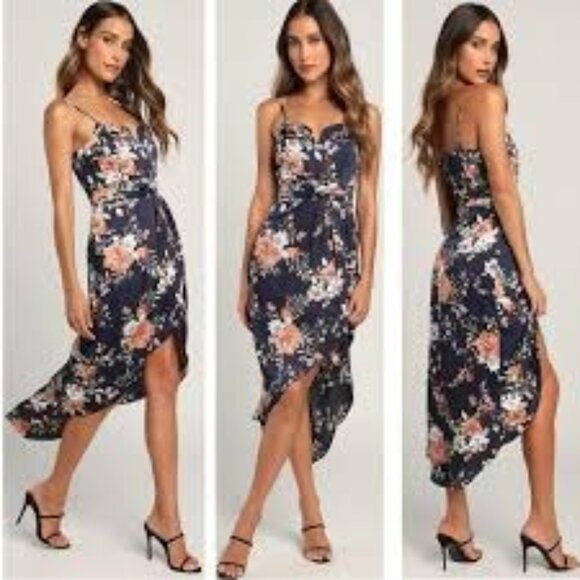 Lulus My Favorite Day Womens Navy Blue Floral Print Tulipl Wrap Midi Dress XXL - Picture 15 of 15